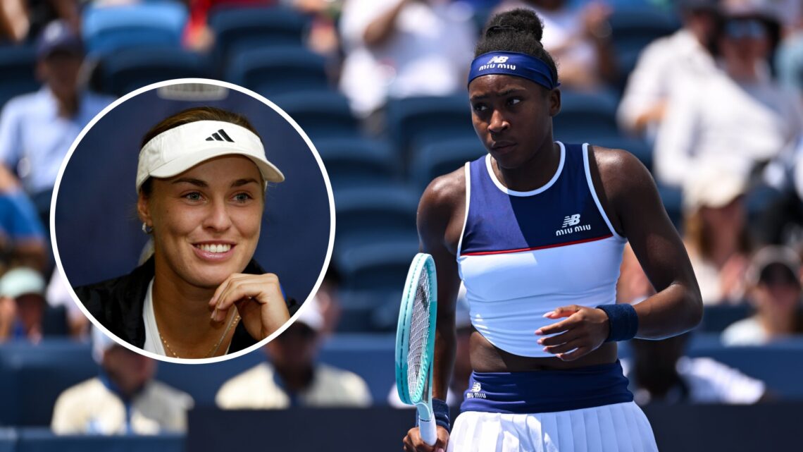 Main: Coco Gauff looks on. Inset left: Martina Hingis looks on.