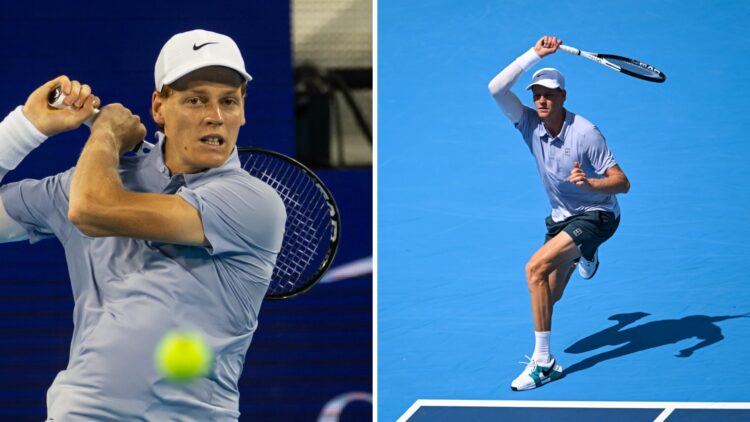 Left image: Jannik Sinner hits a backhand at the Cincinnati Open. Right image: Jannik Sinner just hits a forehand at the Cincinnati Open