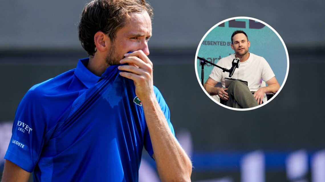Main: Danill Medvedev covers his mouth with his shirt Inset: Andy Roddick speaks at the 2025 SXSW Conference And Festival
