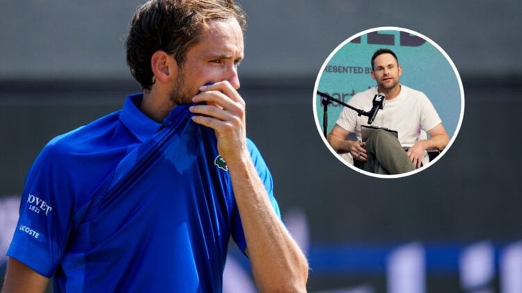 Main: Danill Medvedev covers his mouth with his shirt Inset: Andy Roddick speaks at the 2025 SXSW Conference And Festival