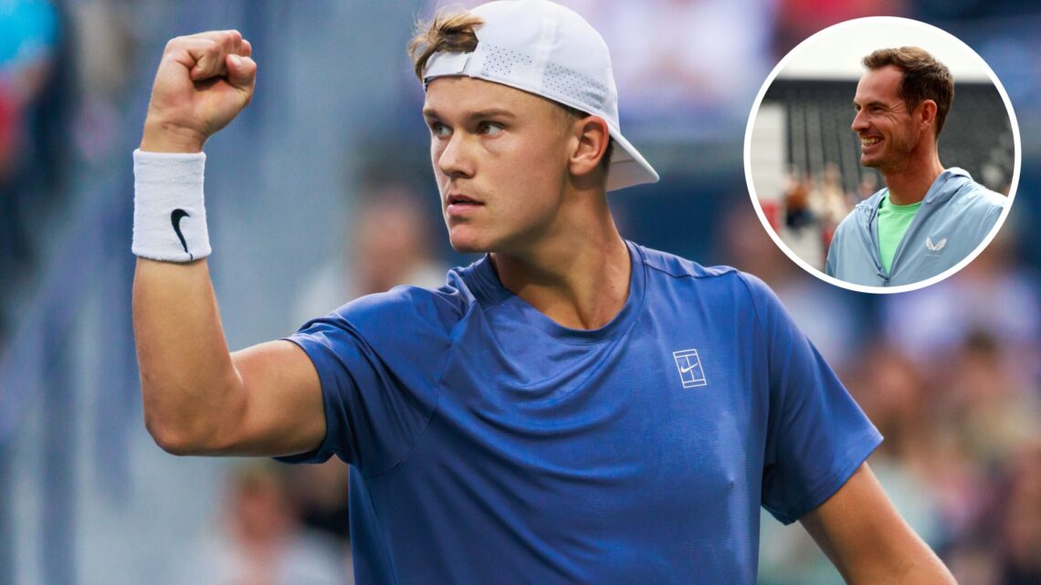 Main: Holger Rune fist pumps in celebration. Inset top right: Andy Murray smiling.