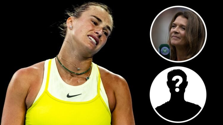 Main: Aryna Sabalenka looks on in frustration. Inset top right: Annabel Croft looks on. Inset bottom right: Mystery overlay.