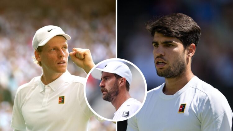 Main: Carlos Alcaraz and Jannik Sinner in action at Wimbledon. Inset: Steve Johnson in action at the 2023 US Open