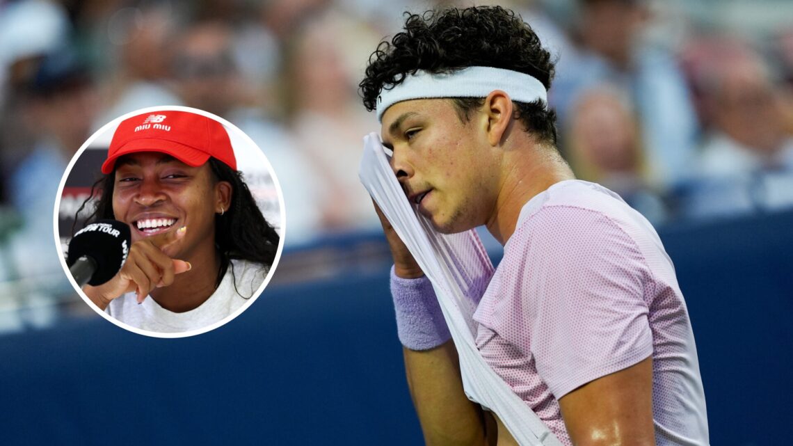 Main: Ben Shelton wipes his face with his t-shirt. Inset left: Coco Gauff points and smiles while speaking at a press conference.