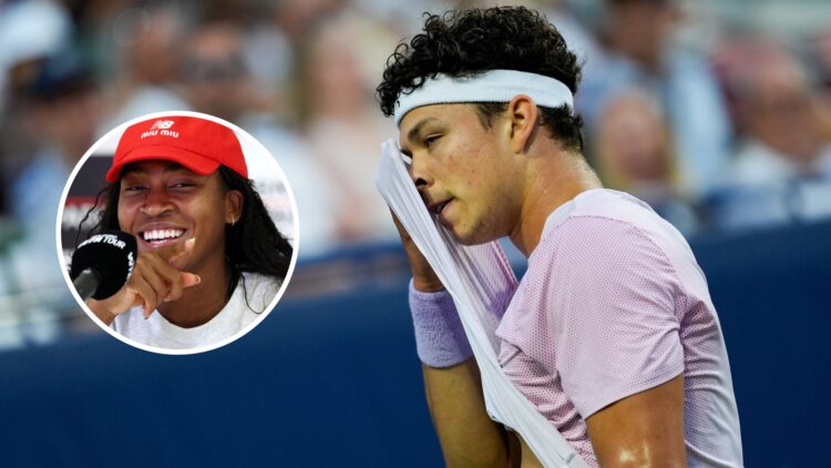 Main: Ben Shelton wipes his face with his t-shirt. Inset left: Coco Gauff points and smiles while speaking at a press conference.