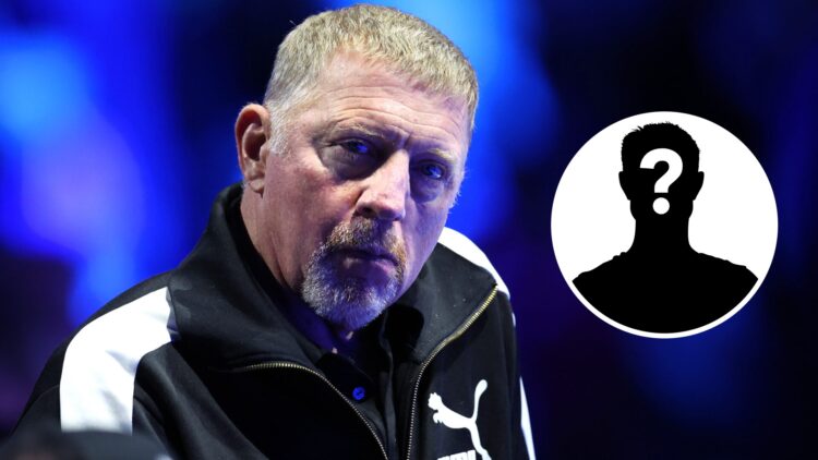 Main: Boris Becker looks on. Inset right: Mystery overlay.