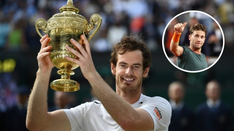 Main: Andy Murray lifts the 2016 Wimbledon Men's Singles trophy. Inset top right: Casper Ruud puts his thumb up.