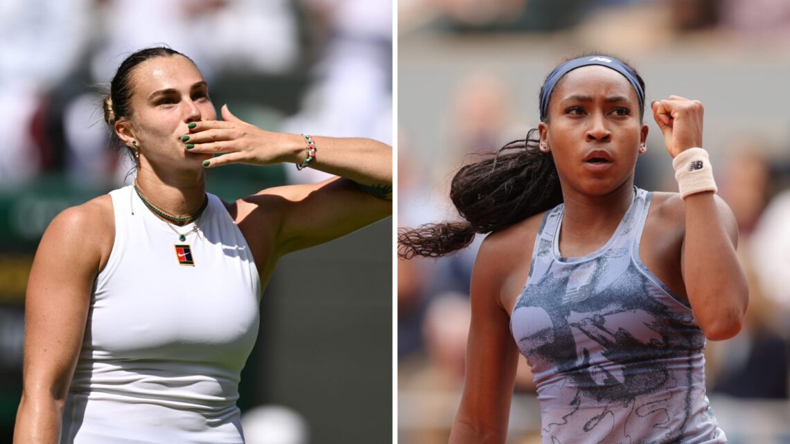 Main left: Aryna Sabalenka blows a kiss to the crowd. Main right: Coco Gauff fist pumps in celebration.