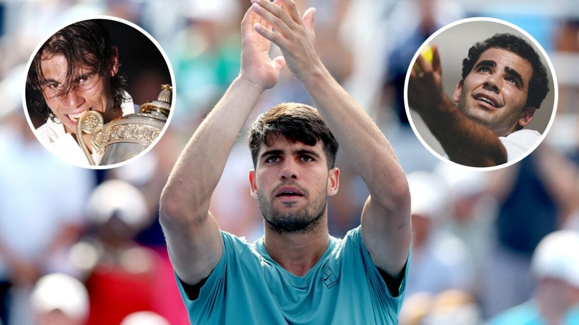 Main: Carlos Alcaraz applauds the crowd. Inset top left: Rafael Nadal bites the Wimbledon Men's Singles trophy. Inset top right: Pete Sampras tosse...