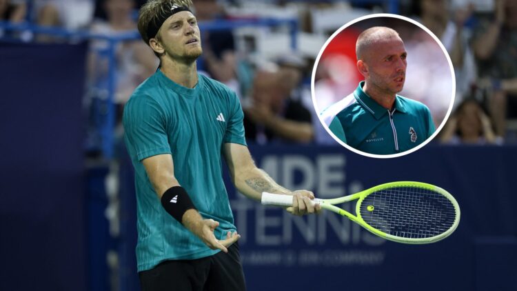 Main: Alejandro Davidovich Fokina reacts during the 2025 Citi Open final. Inset: Dan Evans in action at Queen's Club in 2025