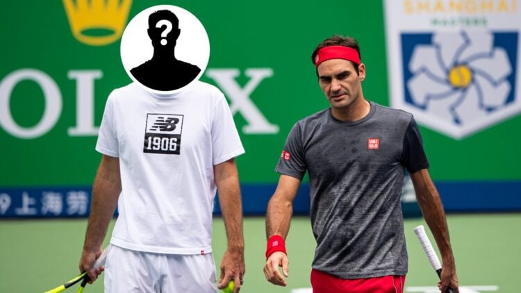 Main: Roger Federer and Ivan Ljubicic talk to each other. Inset top left middle: Mystery overlay covering Ivan Ljubicic's face.