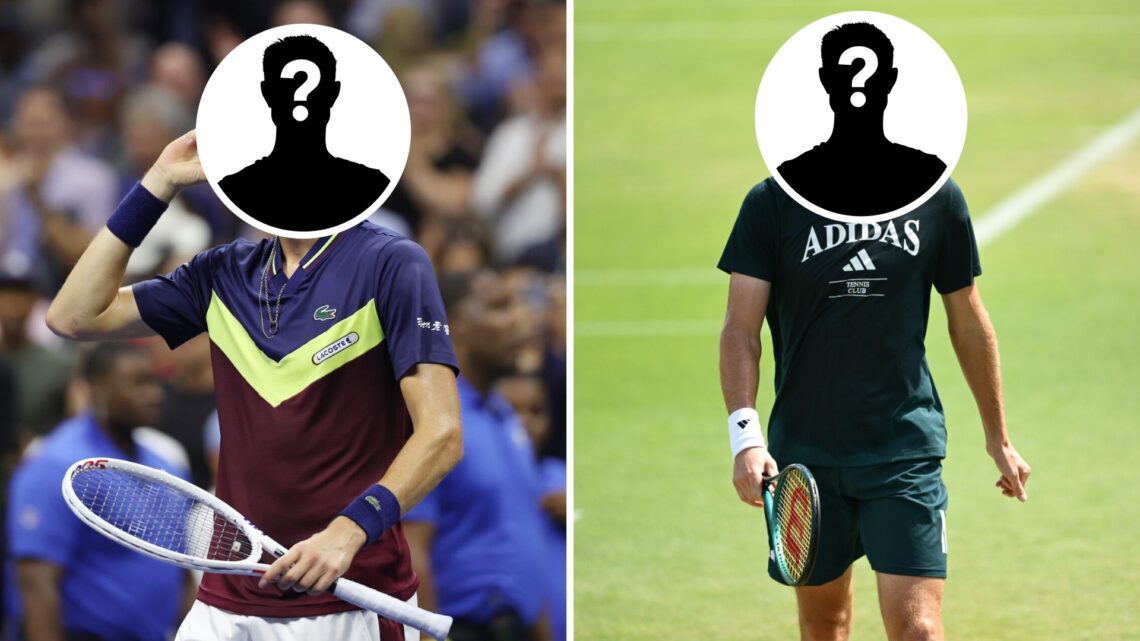 Main left: Daniil Medvedev puts his finger behind his ear. Main right: Stefanos Tsitsipas walking. Inset top left: Mystery overlay covering Daniil ...
