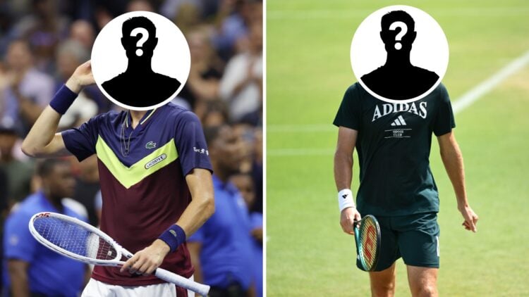 Main left: Daniil Medvedev puts his finger behind his ear. Main right: Stefanos Tsitsipas walking. Inset top left: Mystery overlay covering Daniil ...