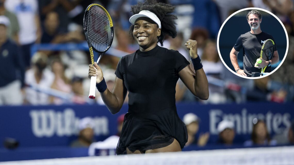 Main: Venus Williams celebrating. Inset top right: Patrick Mouratoglou smiling.