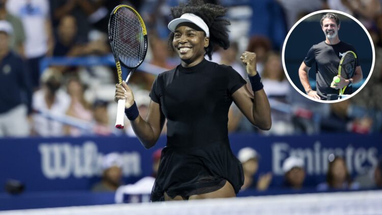Main: Venus Williams celebrating. Inset top right: Patrick Mouratoglou smiling.