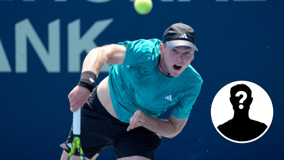 Main: Alex Michelsen looks on after hitting a serve. Inset bottom right: Mystery overlay.