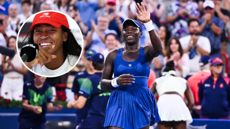 Main: Victoria Mboko waves to the crowd. Inset left: Coco Gauff smiles and points during a press conference.