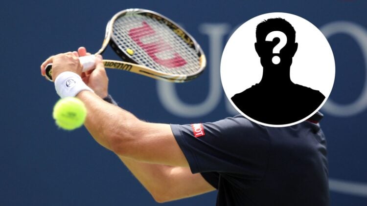 Main: Gilles Muller prepares to hit a slice backhand. Inset top right: Mystery overlay covering Gilles Muller's face.