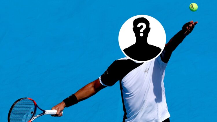 Main: Hamad Medjedovic tosses the ball for a serve. Inset top middle right: Mystery overlay covering Hamad Medjedovic's face.