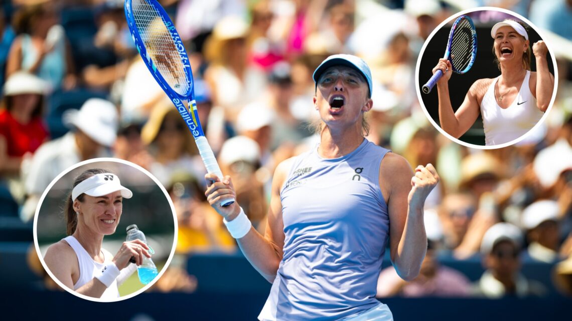 Main: Iga Swiatek celebrates. Inset bottom left: Martina Hingis smiles and looks on. Inset top right: Maria Sharapova celebrates.