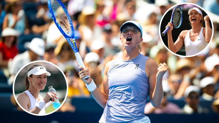 Main: Iga Swiatek celebrates. Inset bottom left: Martina Hingis smiles and looks on. Inset top right: Maria Sharapova celebrates.