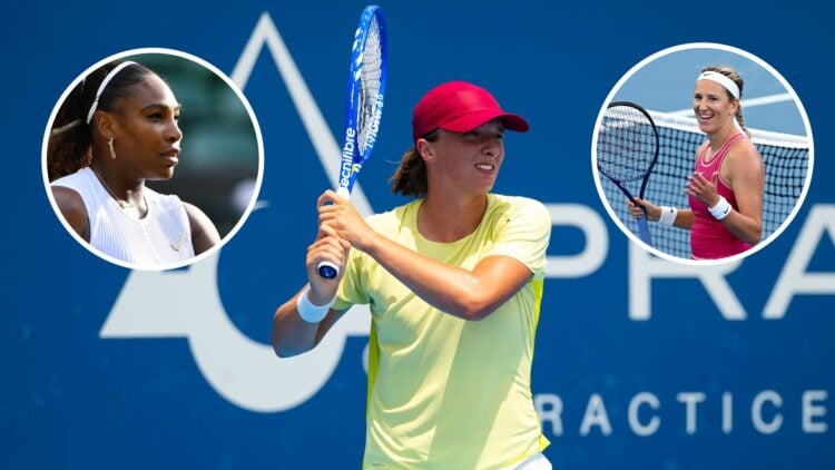 Main: Iga Swiatek looks on after hitting a backhand. Inset top left: Serena Williams looks on. Inset top right: Victoria Azarenka looks on.
