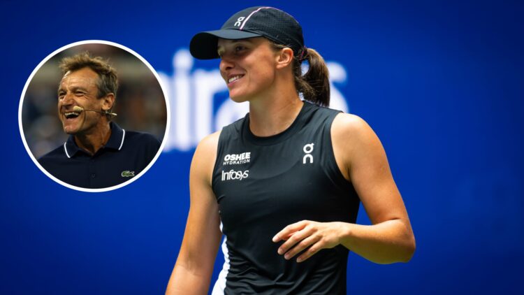 Main: Iga Swiatek smiles during the 2025 US Open mixed doubles tournament. Inset: Mats Wilander in action at the 2014 US Open