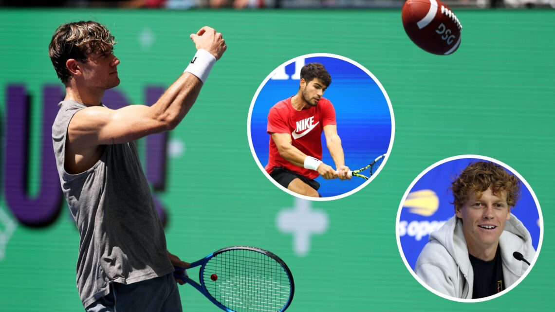 Main: Jack Draper throws an American football. Inset middle: Carlos Alcaraz hits a backhand. Inset bottom right: Jannik Sinner speaking at a US Ope...