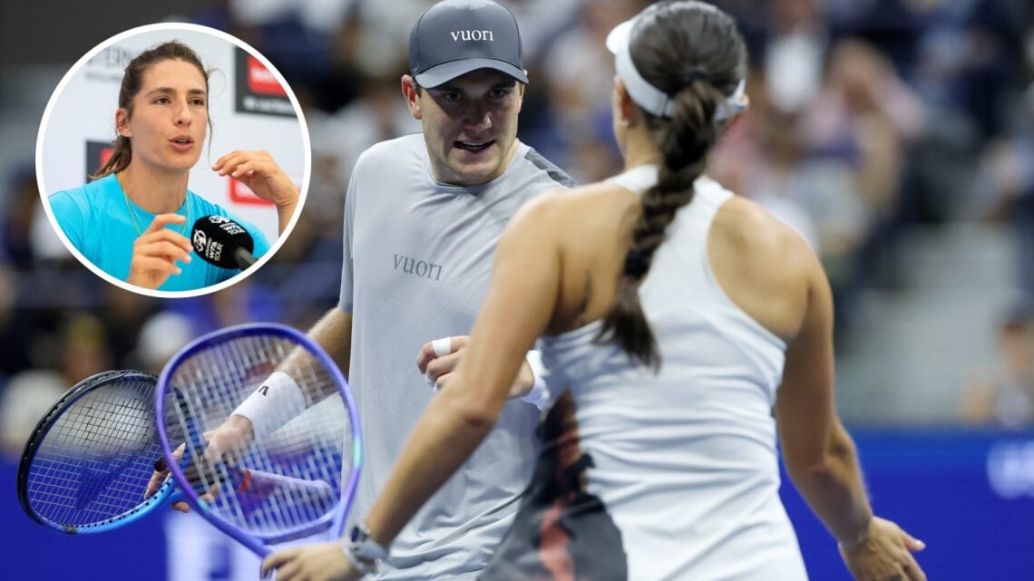 Main: Jack Draper and Jessica Pegula speaking to each other. Inset top left: Andrea Petkovic speaking.
