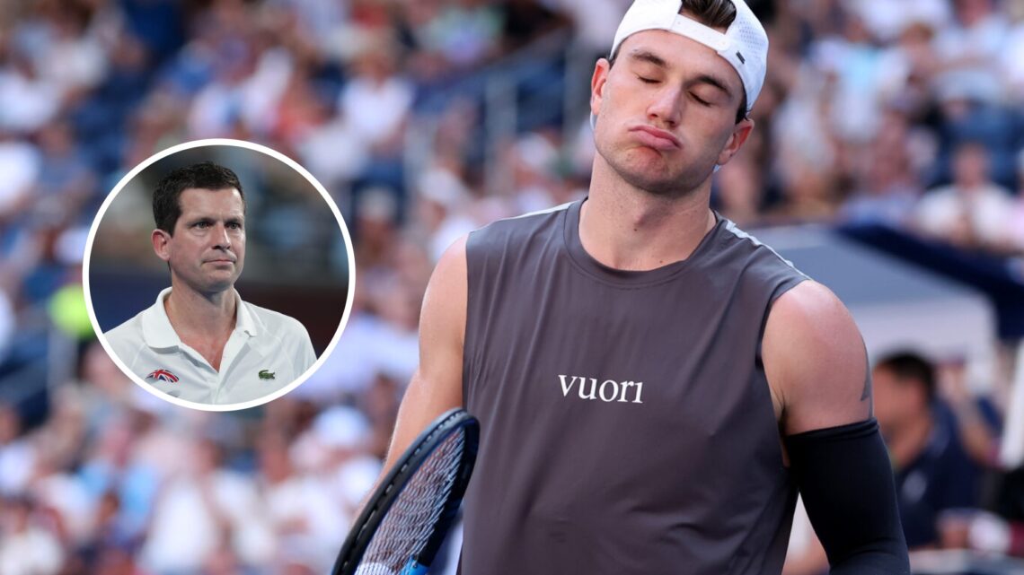 Main: Jack Draper reacts with frustration. Inset left: Tim Henman looks on.