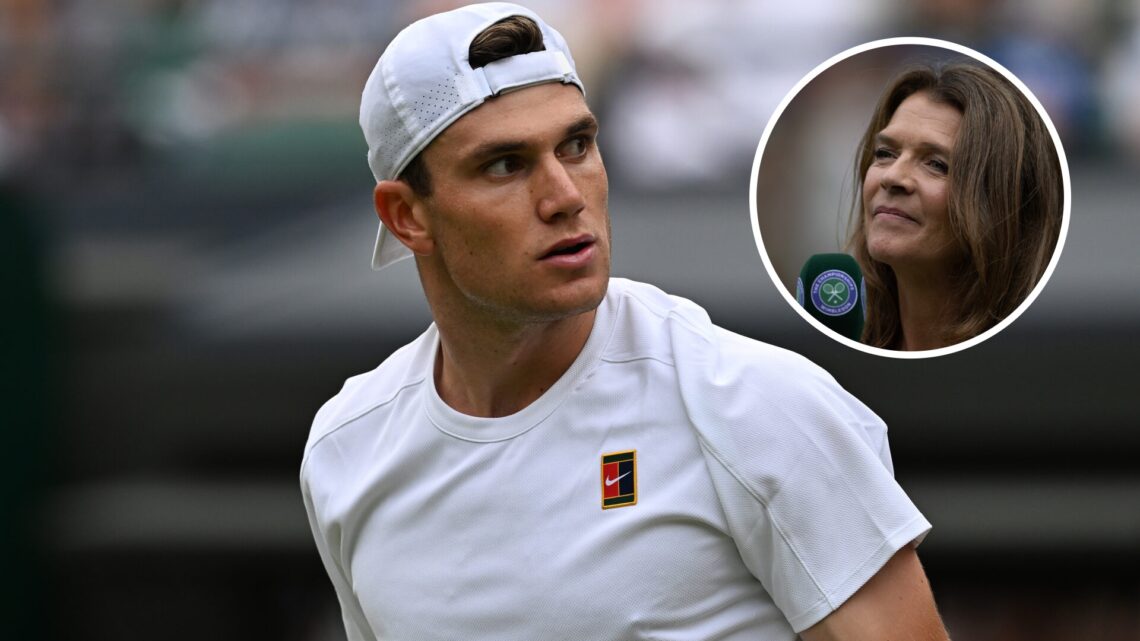 Main: Jack Draper reacts during the 2025 Wimbledon Championships. Inset: Annabel Croft with a microphone at the Wimbedon Championships