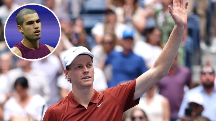 Main: Jannik Sinner waves to the crowd. Inset top left: Carlos Alcaraz looks on.