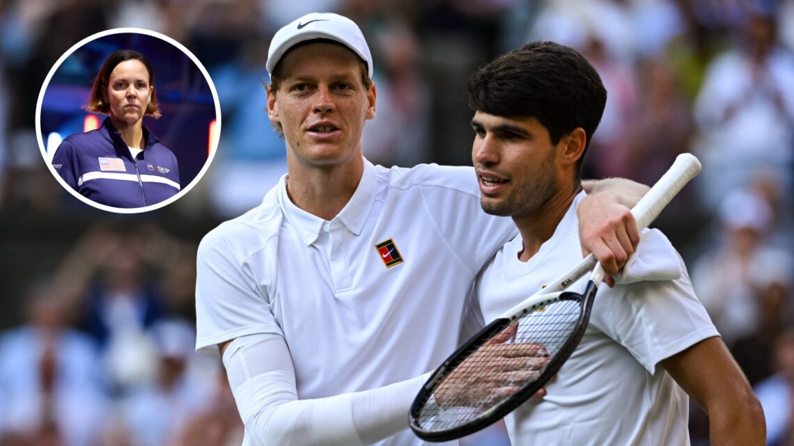 Main: Jannik Sinner and Carlos Alcaraz hug after the 2025 Wimbledon Men's Singles final. Inset top left: Lindsay Davenport looks on.