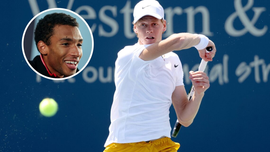 Main: Jannik Sinner hits a forehand. Inset top left: Felix Auger-Aliassime speaking during a press conference.