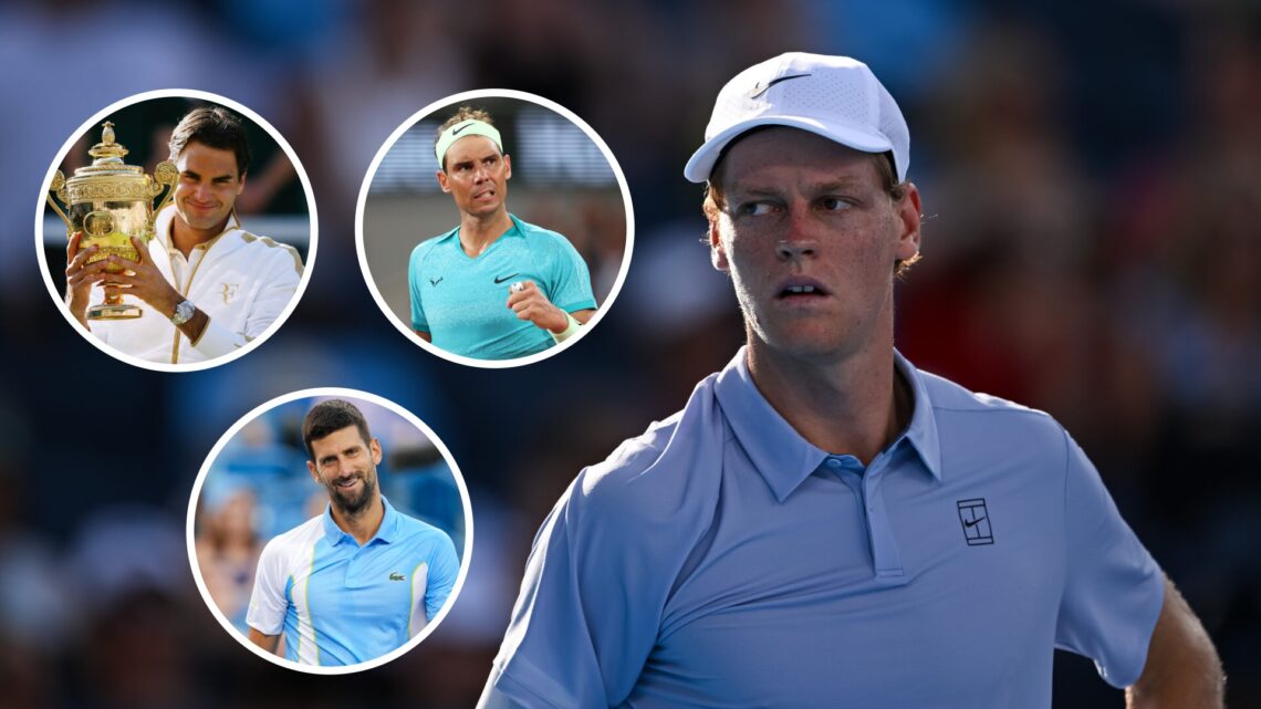 Main: Jannik Sinner looks on. Inset top left: Roger Federer lifts the Wimbledon Men's Singles trophy. Inset top left middle: Rafael Nadal looks on....