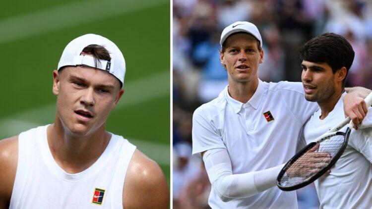 Left image: Holger Rune at Wimbledon. Right image: Jannik Sinner and Carlos Alcaraz embrace after the Wimbledon final