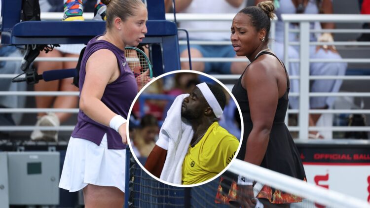 Jelena Ostapenko and Taylor Townsend argue at the net, Frances Tiafoe (middle) in a circle overlay wipes his face with a towel