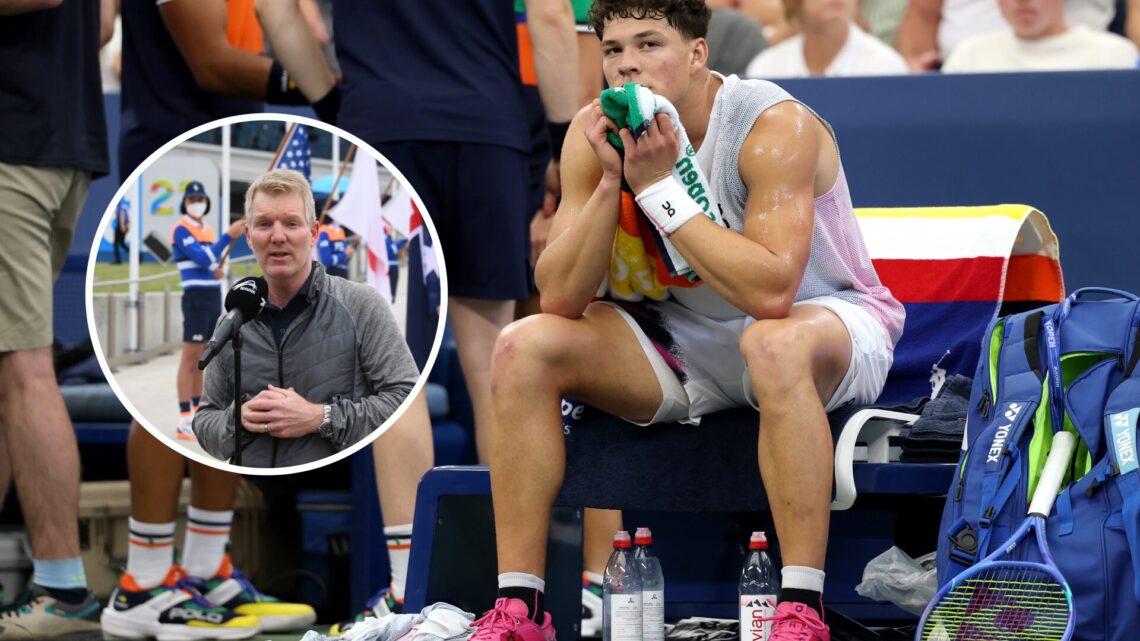 Jim Courier (left) in a circle overlay looks on and Ben Shelton (middle) holds his head in his towel