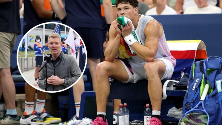 Jim Courier (left) in a circle overlay looks on and Ben Shelton (middle) holds his head in his towel