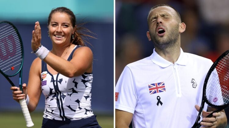 Main left: Jodie Burrage applauds using her hand and racquet. Main right: Dan Evans reacts with frustration.