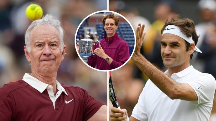 John McEnroe (left) looks at the ball, Jannik Sinner (middle) in a circle overlay lifts his US Open trophy and Roger Federer (right) claps