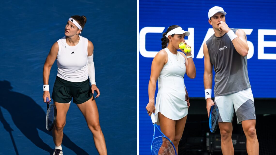 Karolina Muchova (left) looks on, Jack Draper and Jessica Pegula (right) chat