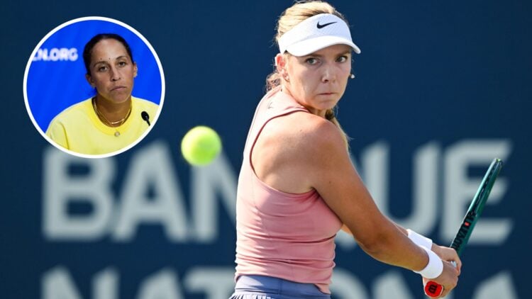 Main: Katie Boulter prepares to hit a backhand. Inset top left: Madison Keys looks on.