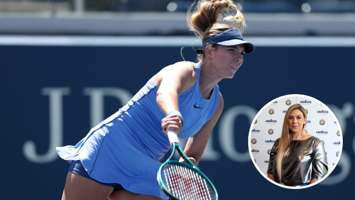 Main: Katie Boulter hits a serve. Inset bottom right: Marion Bartoli looks on.
