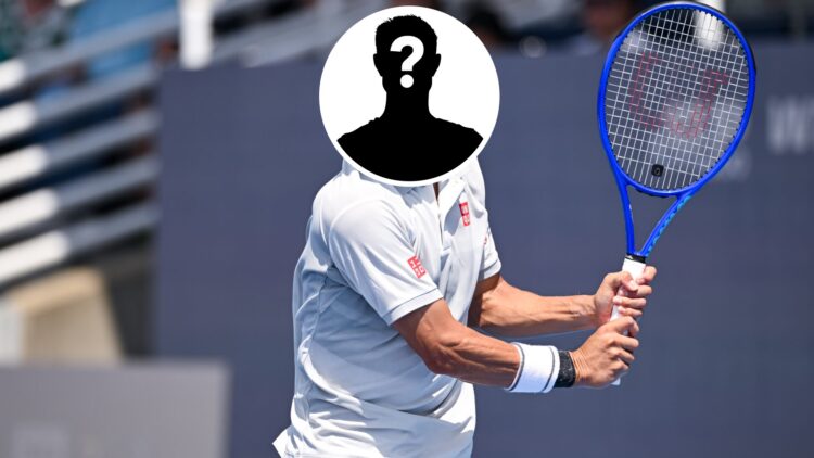 Main: Kei Nishikori prepares to hit a backhand. Inset top middle: Mystery overlay covering Kei Nishikori's face