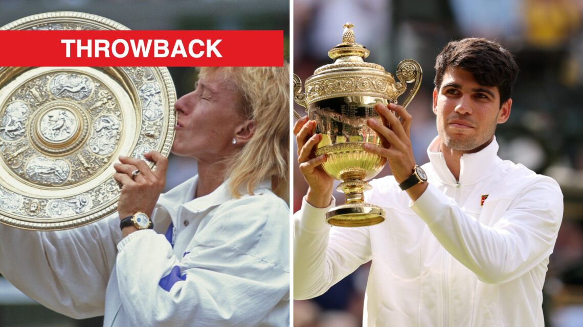 Martina Navratilova (left) kisses the Wimbledon trophy and Carlos Alcaraz (right) lifts the Wimbledon trophy