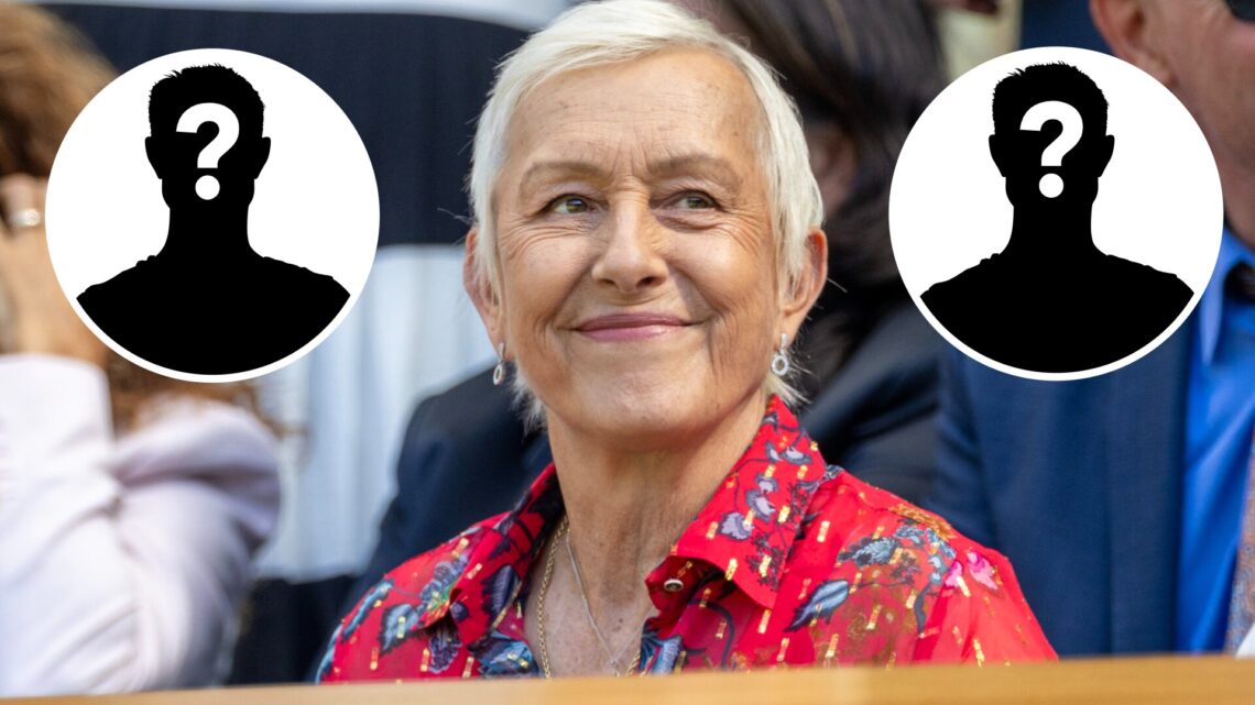 Main: Martina Navratilova smiling. Inset left top: Mystery Overlay. Inset top right: Mystery Overlay.