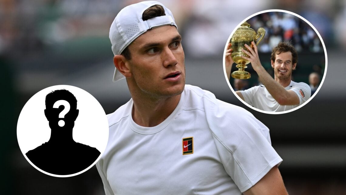 Mystery player (bottom left) in a circle overlay, Jack Draper (middle) looks on, Andy Murray (top right) lifts the Wimbledon trophy in a circle ove...