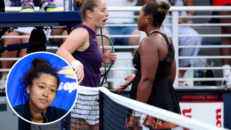 Naomi Osaka (bottom left) in a circle overlay looks on, Jelena Ostapenko and Taylor Townsend (middle) meet at the net