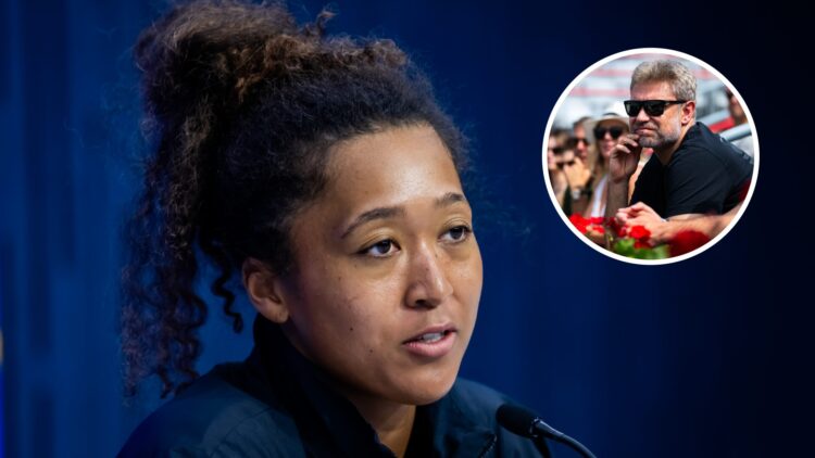 Main: Naomi Osaka speaks during a press conference at the 2025 US Open. Inset top right: Tomasz Wiktorowski looks on.